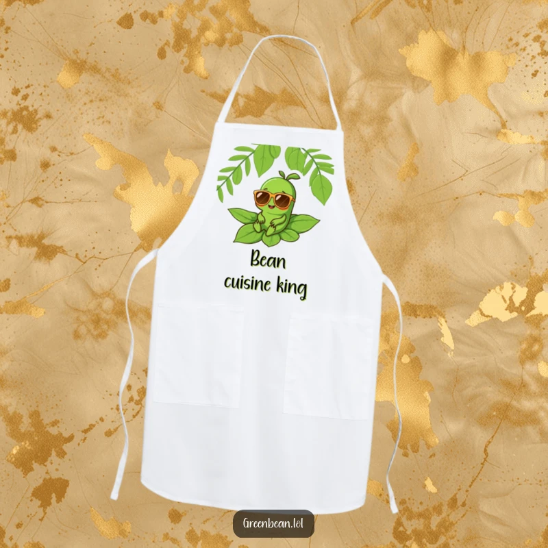 Funny apron with a green bean character in oversized sunglasses relaxing on a leaf, perfect for cool kitchen vibes.