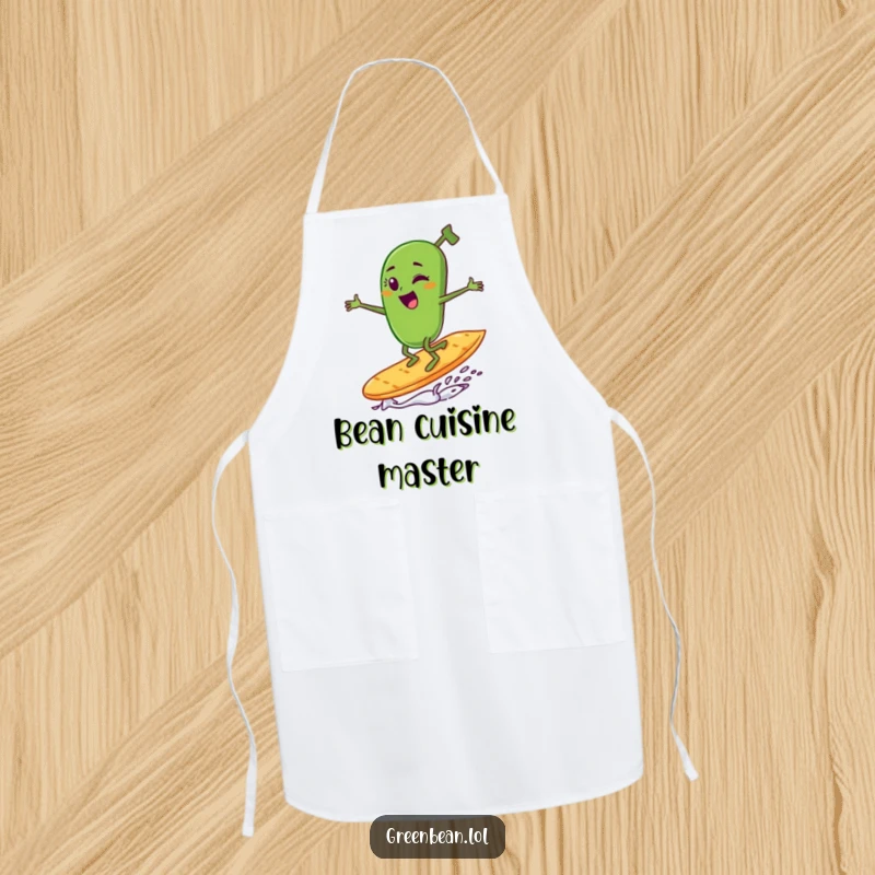 Funny green bean character winking and surfing a potato chip on a kitchen apron, perfect for cooks.