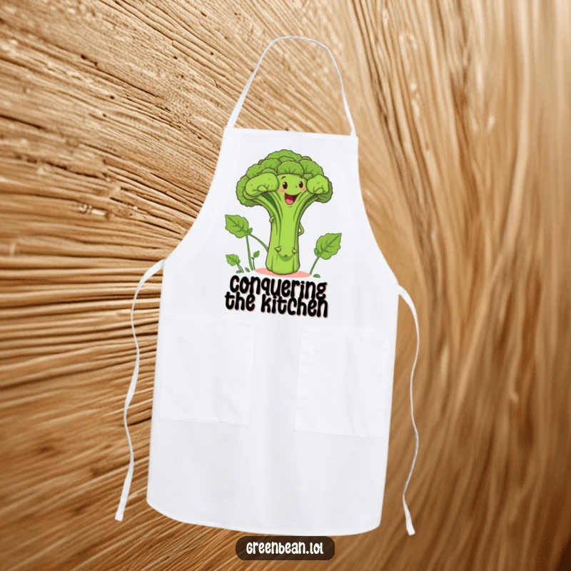 Funny apron featuring a determined green bean character climbing a giant, smiling broccoli stalk, ideal for kitchen fun.