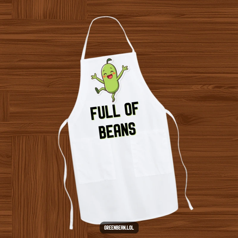 Funny Apron: Smiling green bean character doing a joyful cartwheel, a humorous and practical accessory for kitchen fun.