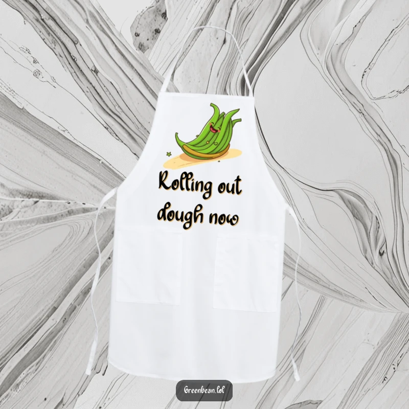 Funny apron with a cheerful bundle of green beans giggling as they roll down a slope, perfect for a joyful kitchen. A fantastic funny gift.
