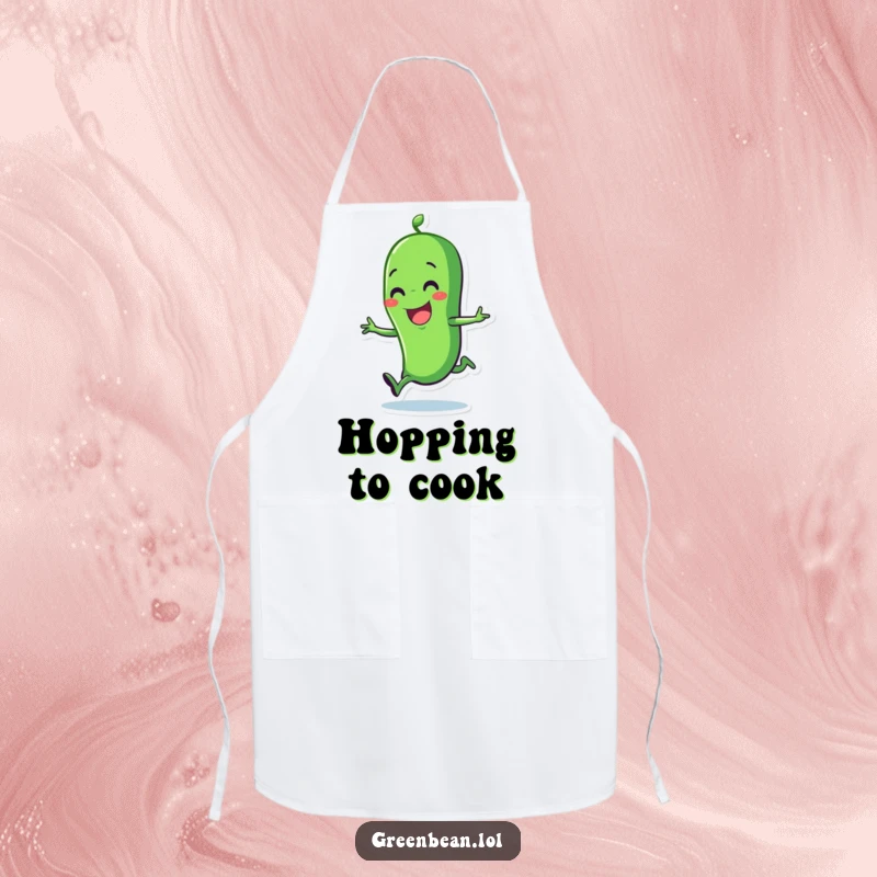 Funny green bean apron with a happy character doing a delightful hop. Humorous and practical kitchen wear.
