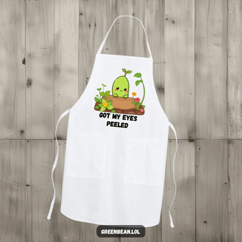 Funny apron with a curious green bean peeking from a garden bed. Humorous kitchen wear for garden enthusiasts.