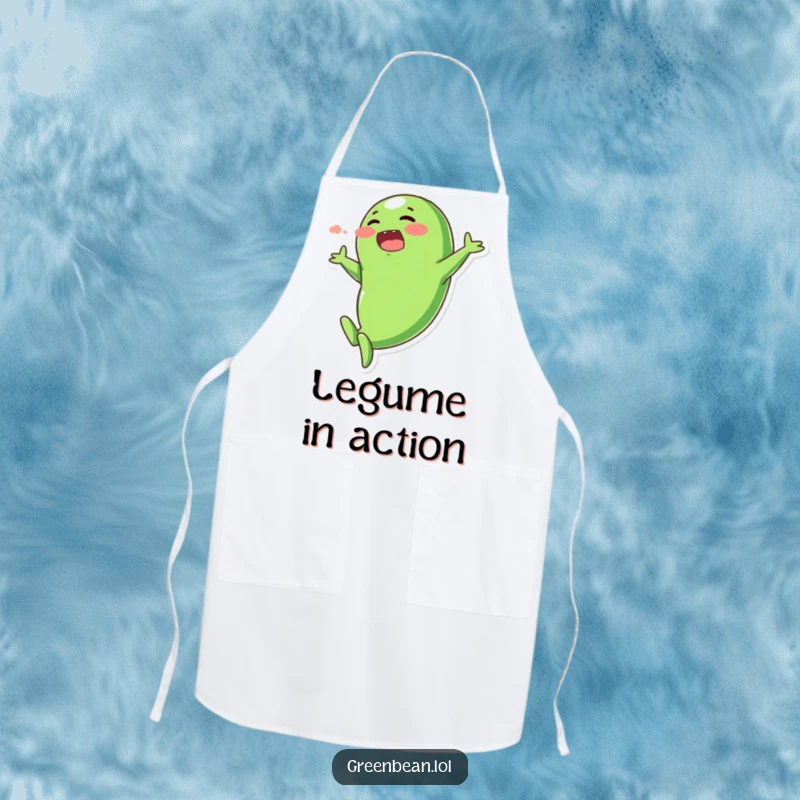 Funny apron for cooks, featuring a plump, blushing green bean character in a dramatic, exaggerated dive, kitchen humor.