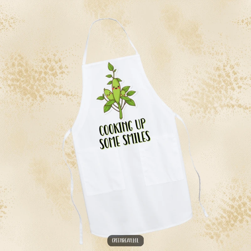Funny apron showing a smiling green bean plant, blending kitchen protection with humorous garden delight.
