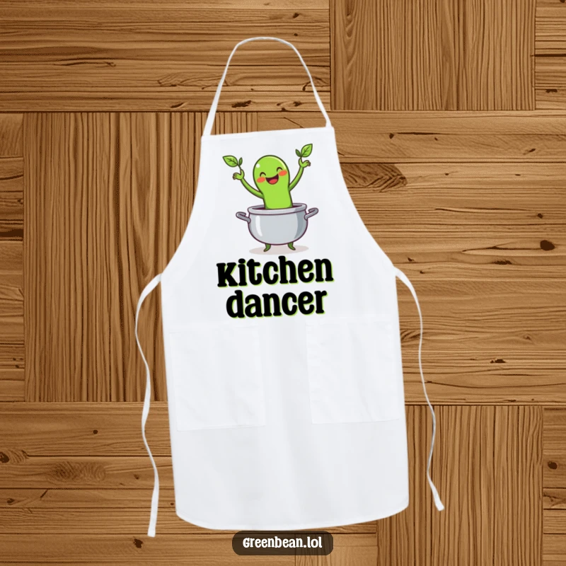 Funny apron showing a happy green bean character doing a lively jig inside a cooking pot, perfect for adding kitchen humor.