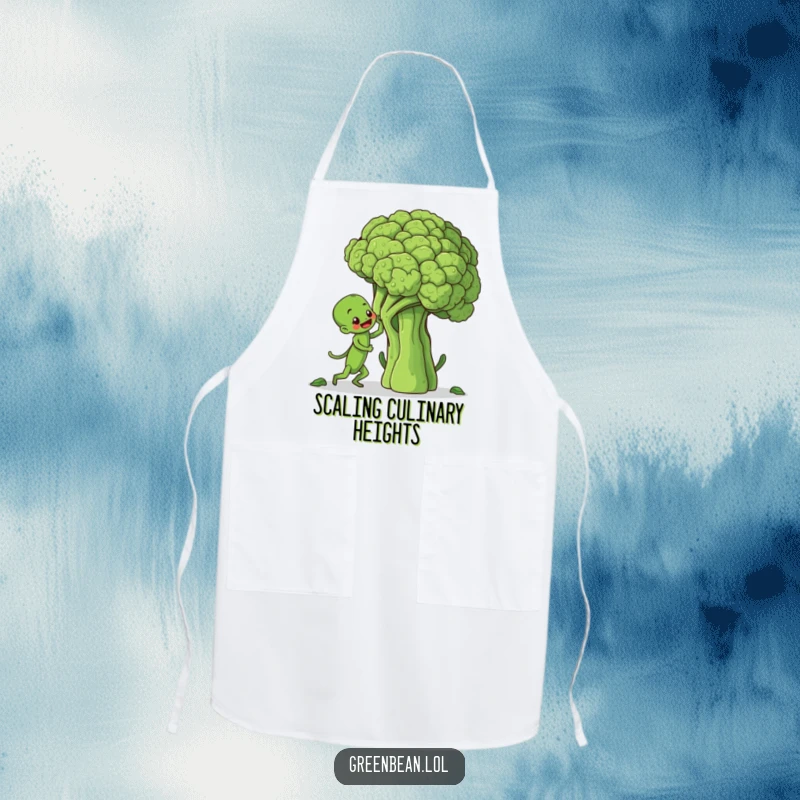 Funny apron featuring a determined green bean character climbing a giant broccoli stalk, ideal for kitchen humor and protection.