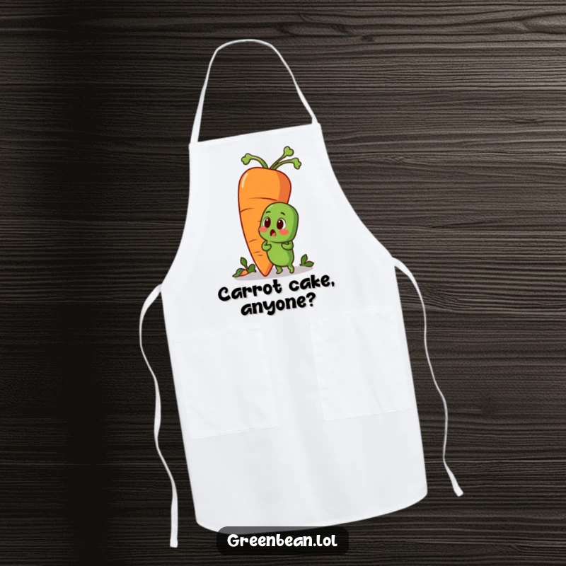 Funny apron featuring a surprised green bean character and a giant carrot. Humorous kitchen wear for cooking enthusiasts.