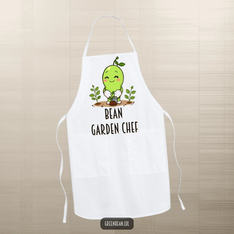 Funny Apron showing a smiling green bean character wearing tiny gloves, planting seeds, perfect for gardening or kitchen use.