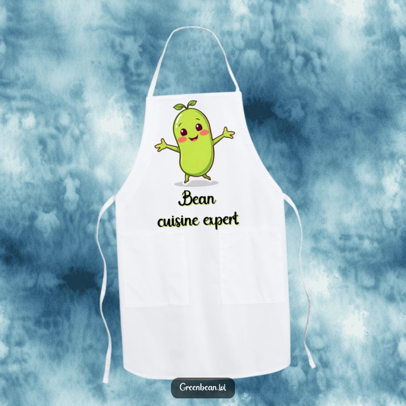 Funny apron with a smiling green bean character doing a lively jig with little arms outstretched, perfect for cooks and foodies.