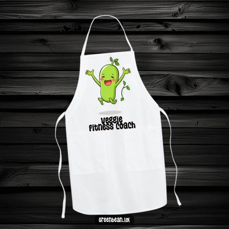 Funny apron showing a happy green bean character doing a jumping jack with a vine, useful for cooking.