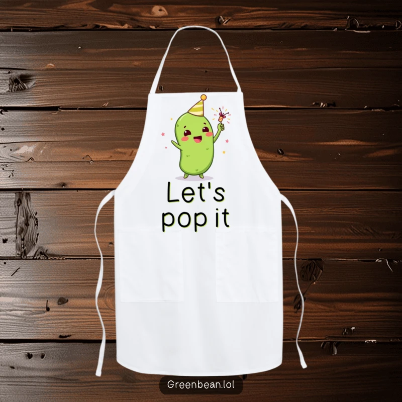 Funny apron showing a gleeful green bean character celebrating with a tiny party popper, perfect for a festive cooking experience.