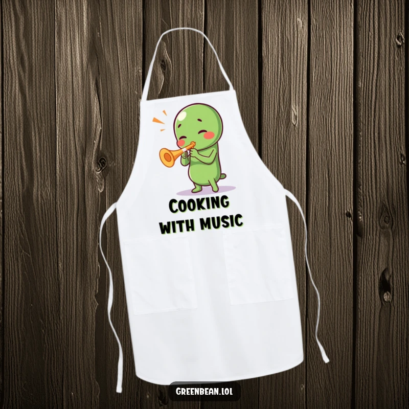 Funny Green Bean Apron: A humorous apron with a green bean character playing a tiny trumpet, perfect for chefs who enjoy cooking with a smile.
