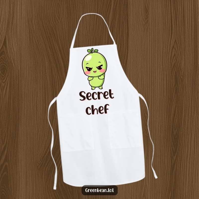 Funny apron showing a playful green bean character giving a sly wink, perfect for a humorous cooking experience.