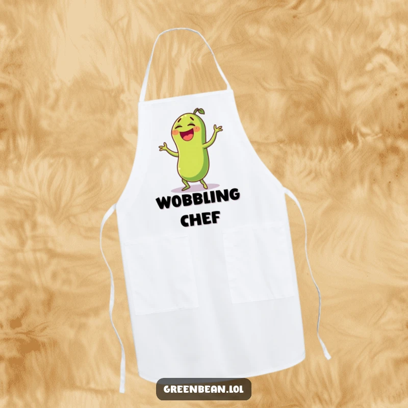 Funny green bean apron showcasing a laughing character in a comical wobble dance, combining kitchen practicality with hilarious veggie fun. Easy to clean.