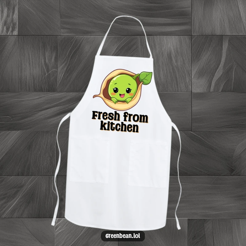 Funny apron with a green bean character peeking from its pod, adding a touch of sweetness and vegetable humor.