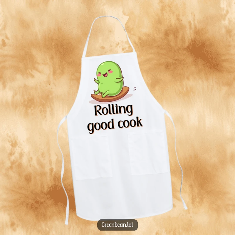 Funny Apron showing a plump green bean character rolling down a gentle slope with glee, suitable for kitchen or outdoor use.