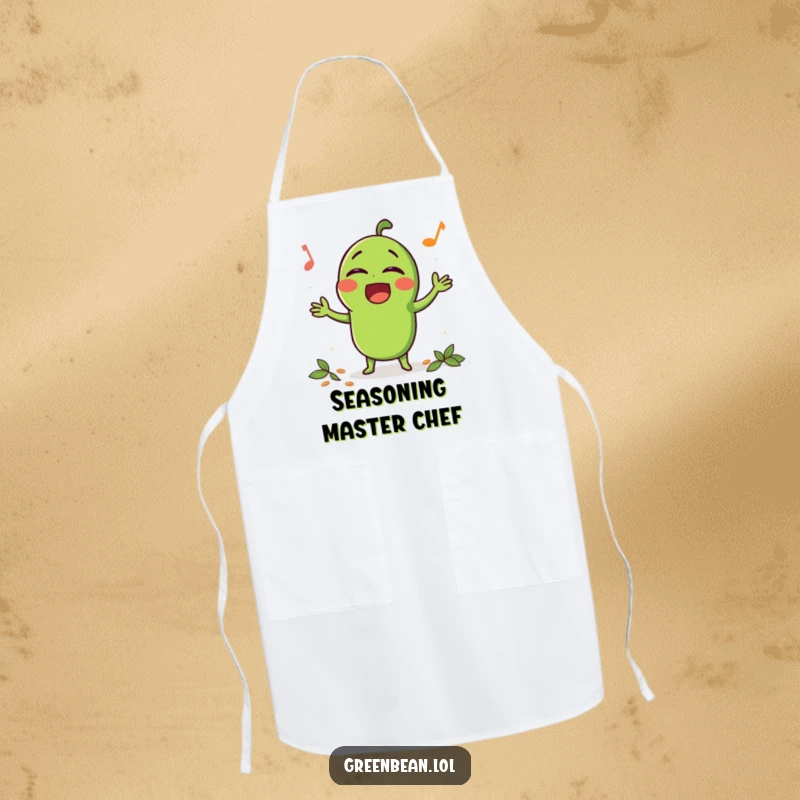 Funny Apron showing a happy green bean character singing loudly while being seasoned, perfect for kitchen or performance.