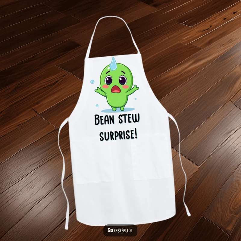 Funny Apron depicting a surprised green bean character being splashed, providing humorous protection against spills, a practical funny gift.
