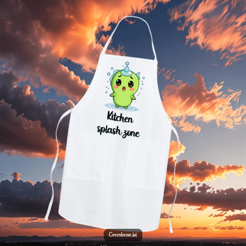 Funny apron showing a surprised green bean character reacting to a water splash, ideal for kitchen humor and protecting clothes.