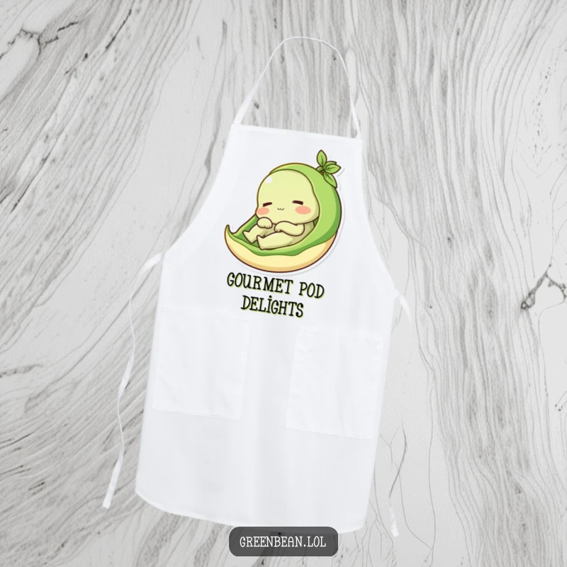 Funny apron with a content green bean relaxing in its pod, perfect for cozy cooking and a humorous touch, a great funny gift.