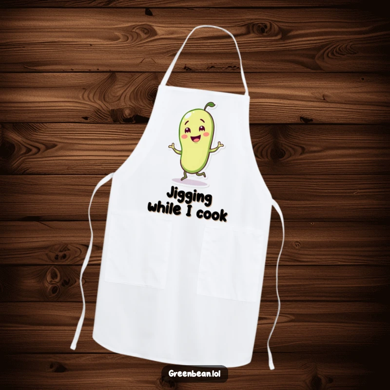 Funny apron with a green bean character doing a jig, perfect for adding merriment to kitchen duties.