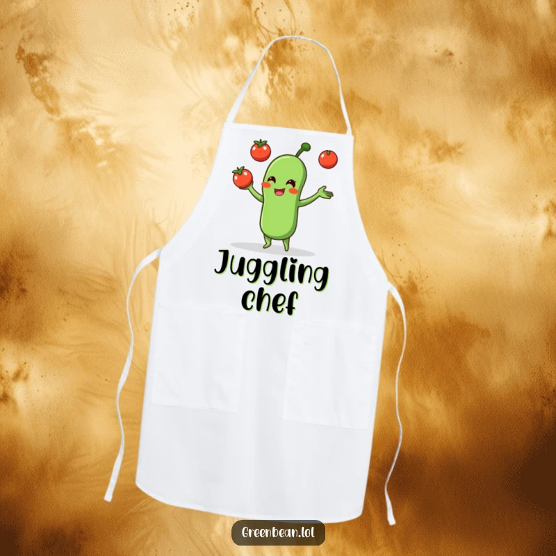 Funny apron showcasing a green bean character juggling three small tomatoes, perfect for a humorous cooking experience.