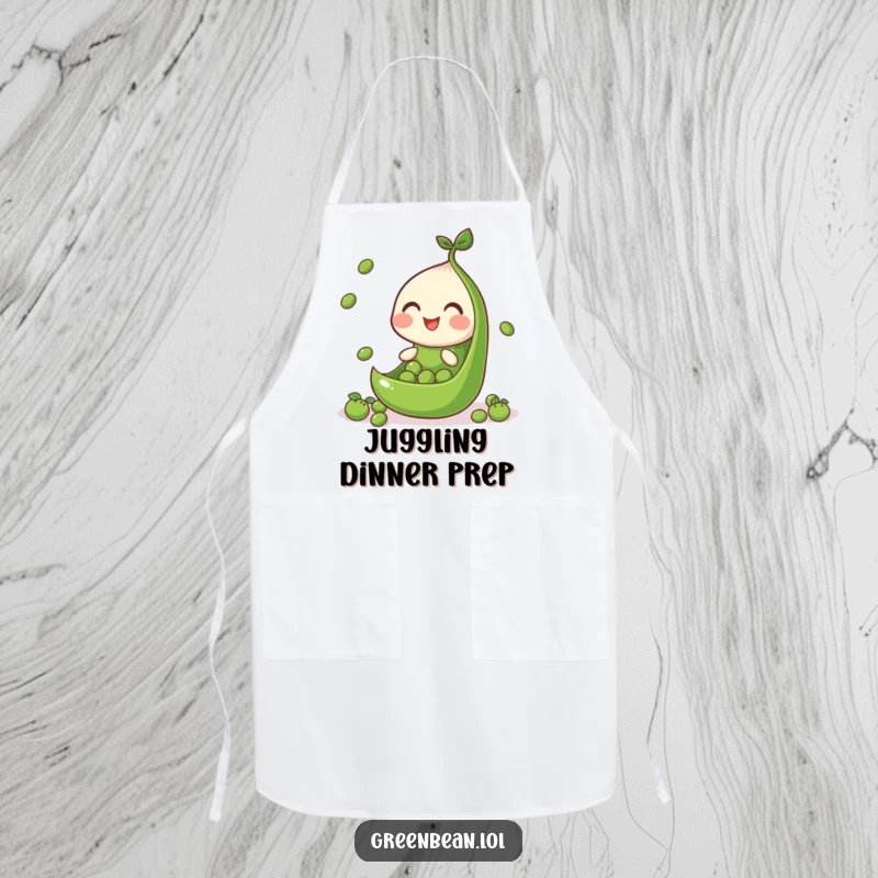 Funny apron with a green bean segment juggling peas, ideal for kitchen tasks requiring dexterity and fun.