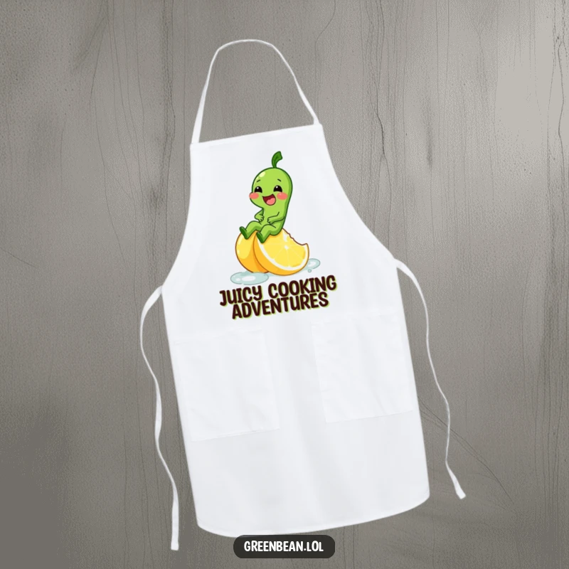 Funny apron showing a green bean character giggling while sliding down a slippery lemon wedge.