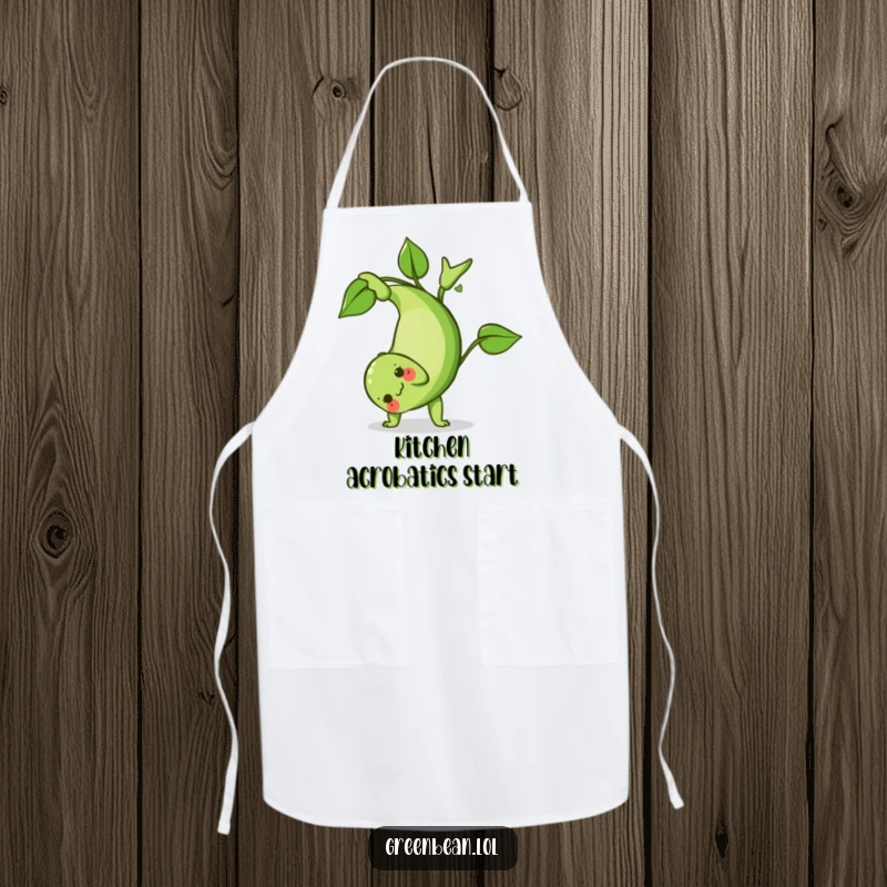 Funny Green Bean Apron: A humorous apron with a green bean character performing a playful somersault, ideal for culinary adventures with a smile.