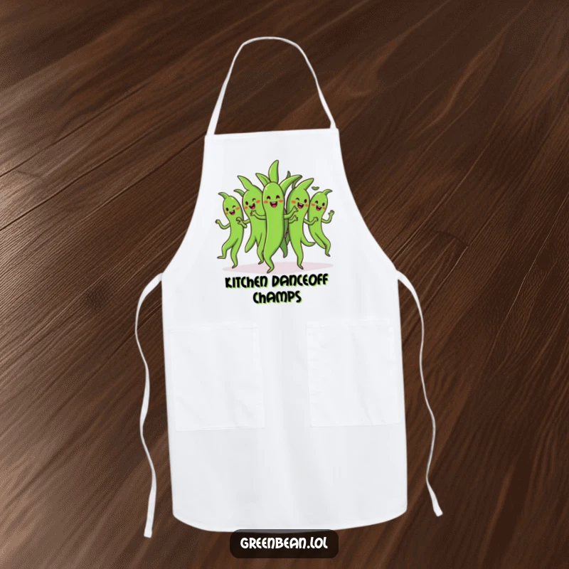 Funny dancing green beans apron showing a bunch of cheerful green beans performing a synchronized dance, making group cooking amusing and coordinated.