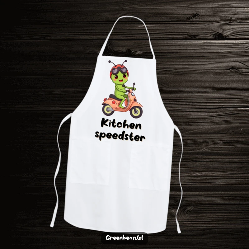 Funny apron showing a green bean character riding a ladybug like a scooter, ideal for a humorous kitchen experience.