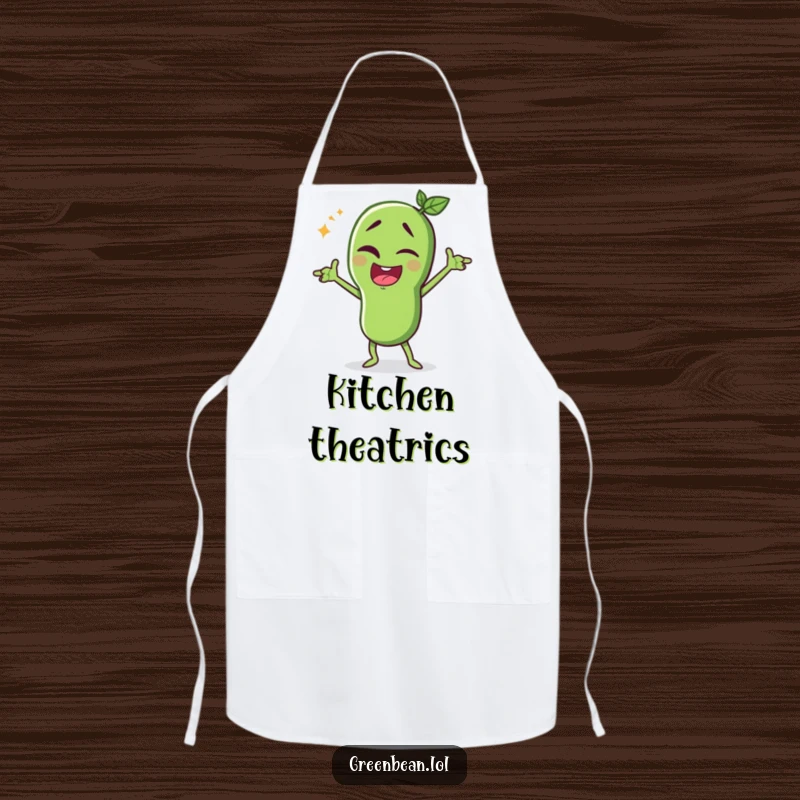 Funny green bean apron, winking character striking a dramatic pose, humorous cooking attire, perfect for stage performances, funny gift.