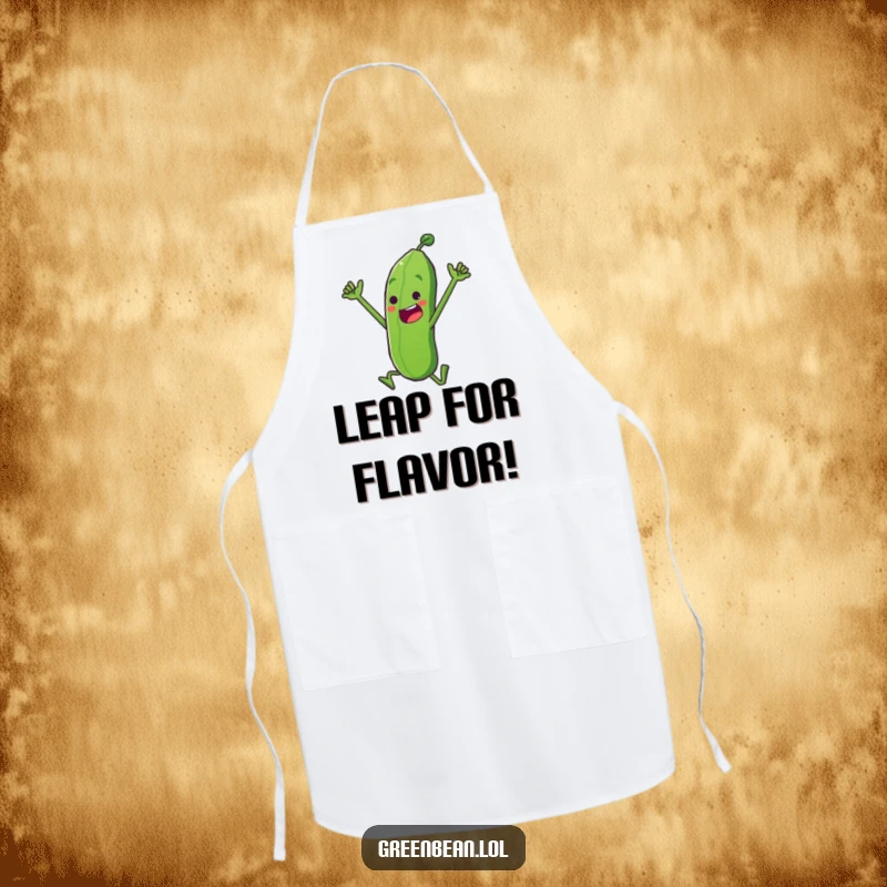 Funny Apron depicting a determined green bean character doing a triumphant leap, providing humorous protection during cooking, a practical funny gift.
