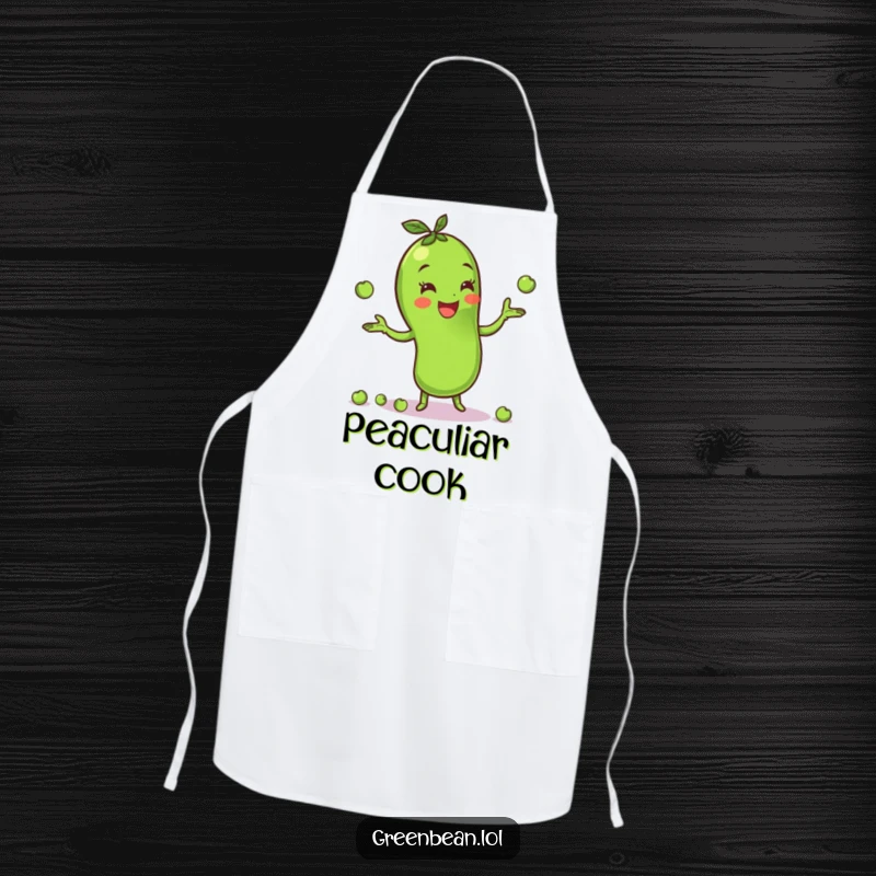 Funny green bean apron showcasing a cheerful character skillfully juggling peas, combining kitchen practicality with adorable veggie circus charm. Easy clean.