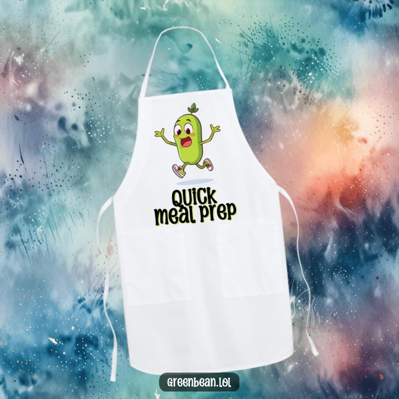 Funny green bean apron, excited character with running shoes, sprinting in the kitchen, humorous cooking attire, funny gift.