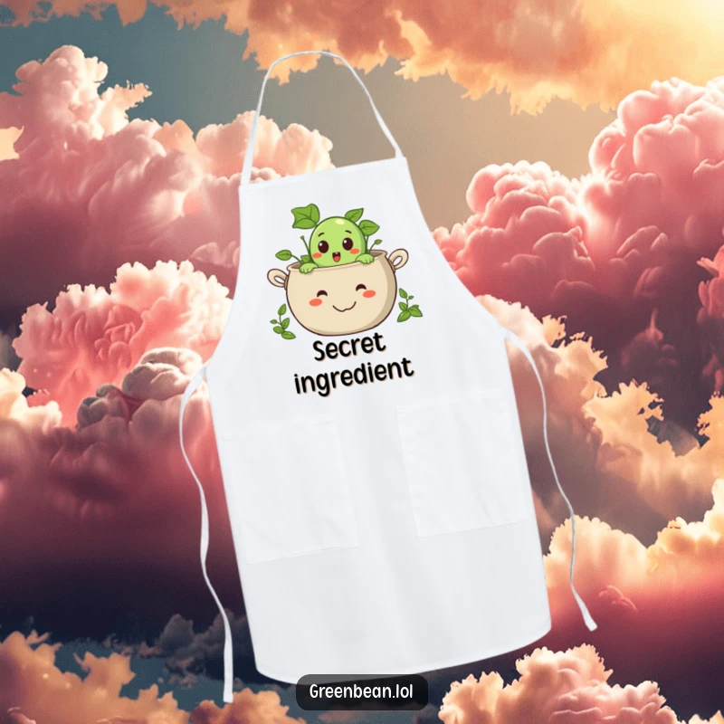 Funny apron featuring a surprised green bean character peeking out from a smiling pot, fun kitchen wear.