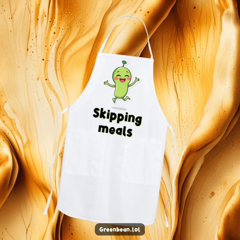 Funny green bean apron showcasing a joyous character skipping with glee, combining kitchen practicality with pure veggie happiness. Easy to clean.