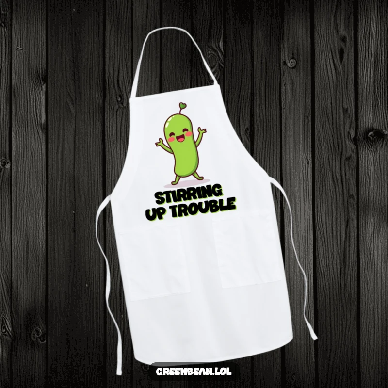 Funny apron featuring a green bean character doing a lively shimmy dance. Humorous kitchen wear for those who love to move.