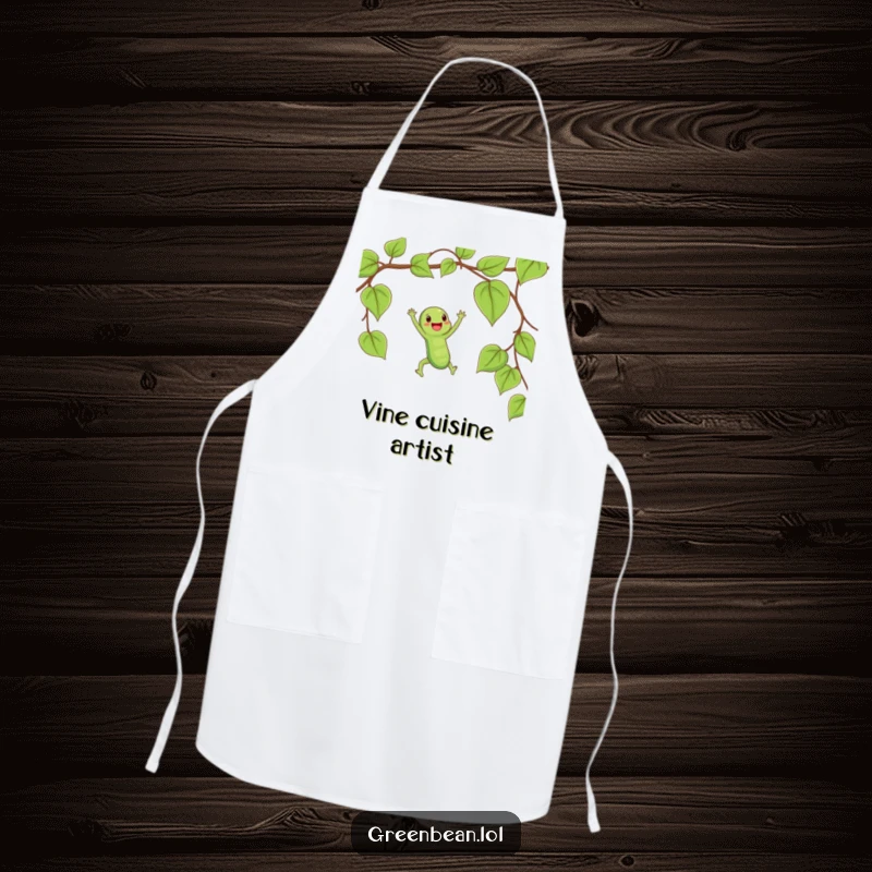 Funny apron featuring a happy string bean swinging on a vine like a trapeze, bringing fun to cooking.