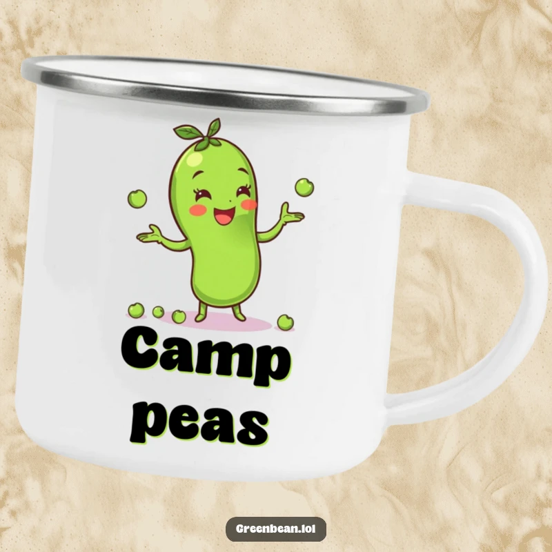 Funny green bean camping mug showing a cheerful character juggling peas, perfect for enjoying hot drinks amidst nature's fun. Durable enamel.