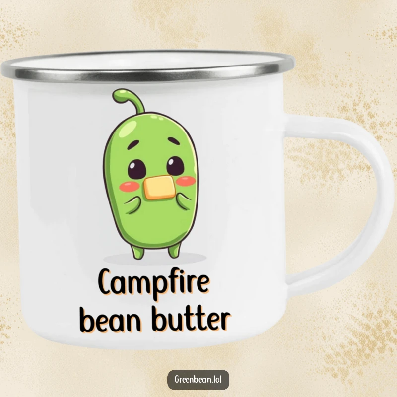 Funny green bean butter camping mug, a surprised bean character enjoying breakfast outdoors, a rugged and humorous vessel for drinks.