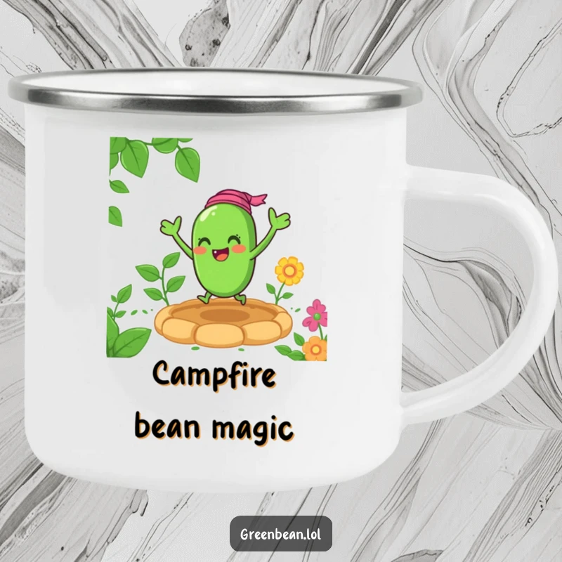 Funny green bean camping mug featuring an excited character bouncing happily outdoors, perfect for cheerful, rustic sipping.