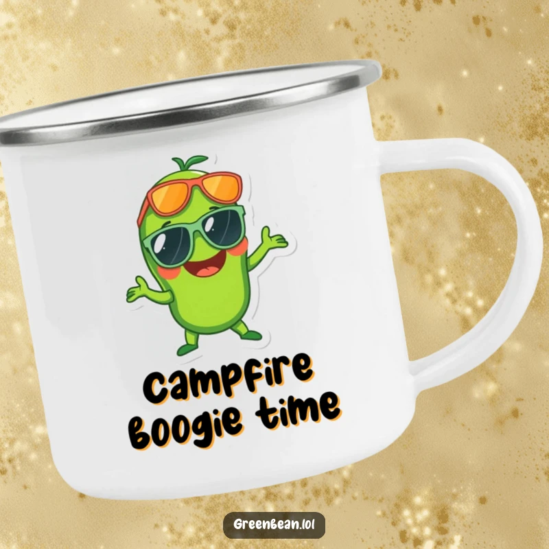 Funny camping mug of a laughing green bean in sunglasses doing a disco pose, perfect for outdoor fun.