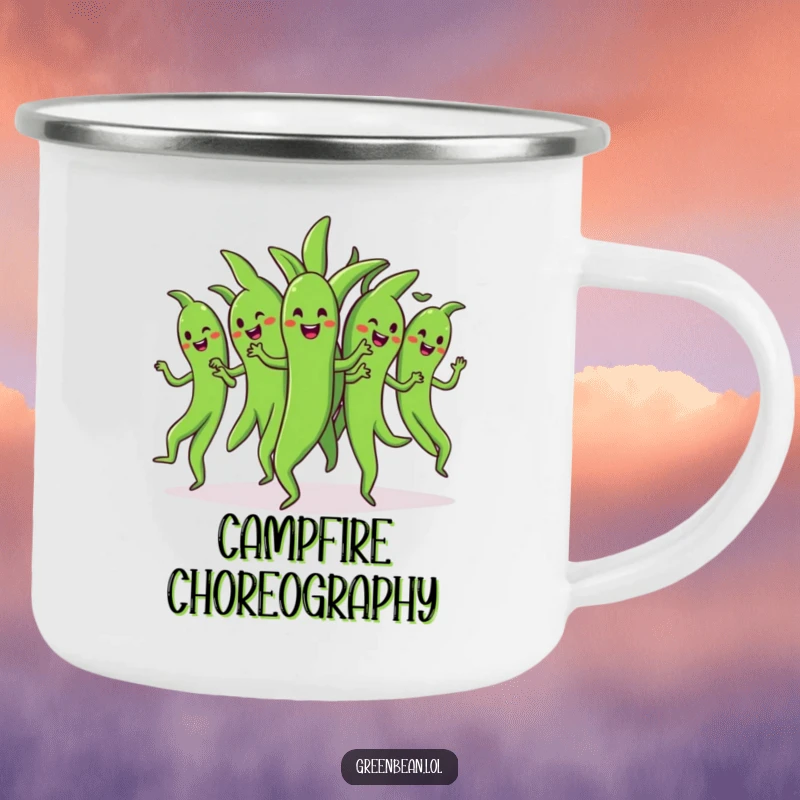 Funny dancing green beans camping mug depicting a bunch of cheerful green beans doing a synchronized dance, perfect for outdoor group fun.