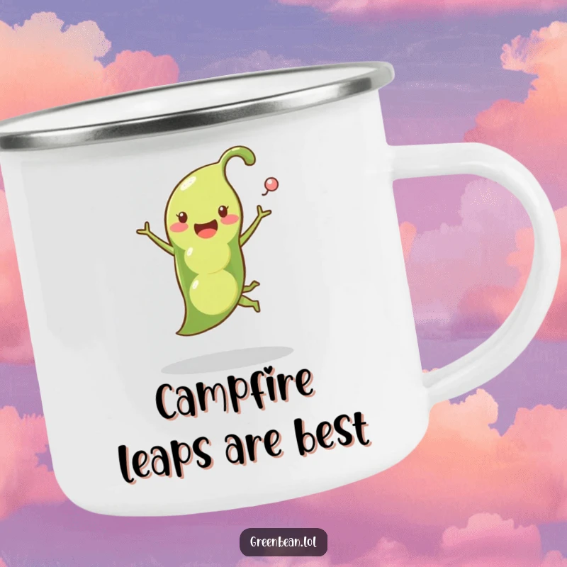 Funny pea pod camping mug depicting a happy pea pod leaping with peas popping out, ideal for outdoor enjoyment and humor.