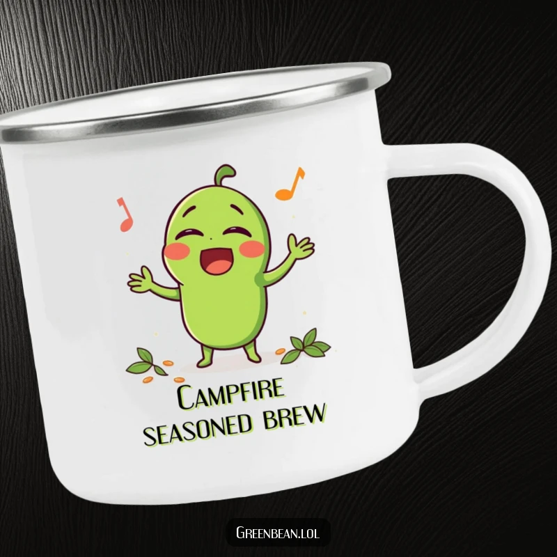 Funny Camping Mug of a happy green bean character singing loudly while being seasoned, perfect for musical outdoor adventures.