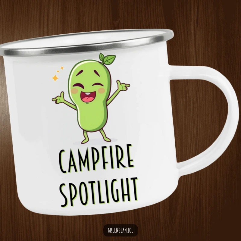 Funny green bean camping mug, winking character striking a dramatic pose, durable for outdoor use, humorous and theatrical design, funny gift.