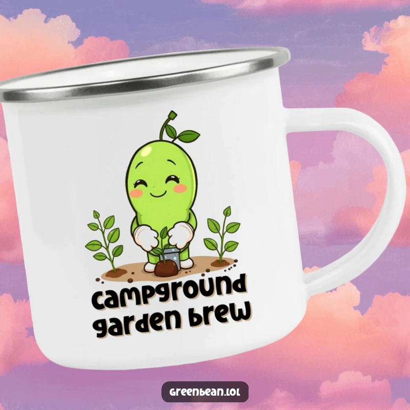 Funny Camping Mug of a smiling green bean character wearing tiny gloves, planting seeds, celebrating outdoor gardening.