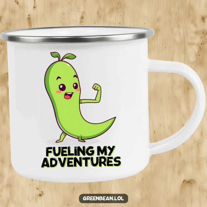 Funny camping mug with a determined green bean flexing a pea muscle, perfect for outdoor workouts and a humorous touch, a great funny gift.